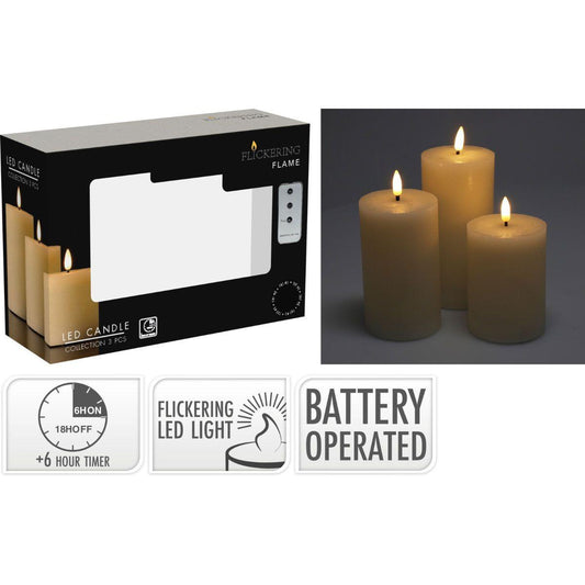3 LED Candles with Remote Control and Timer, Ivory Color, Real Wax Look, Flickering Flame, Set of 3.