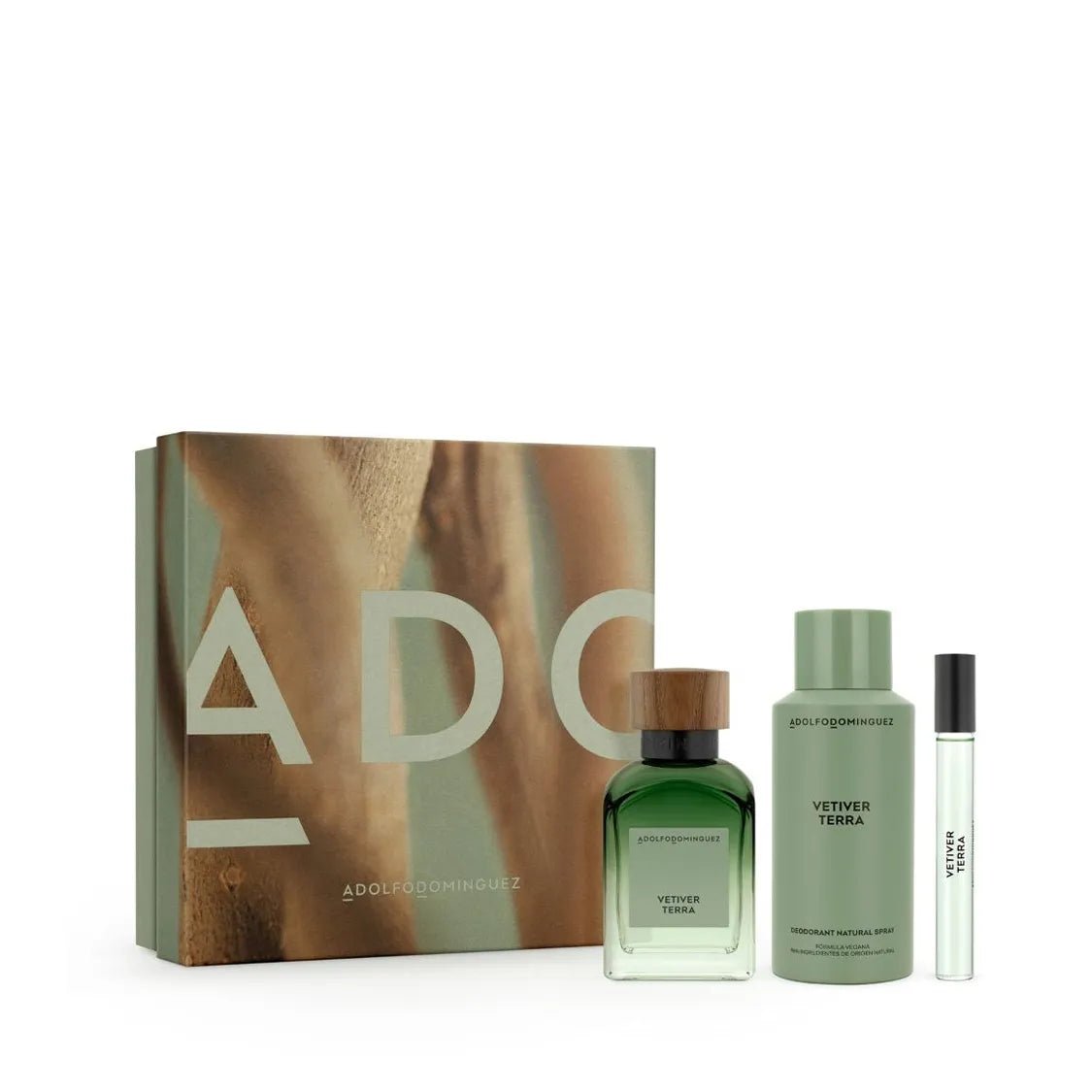 Adolfo Dominguez Vetiver Terra Eau de Parfum 120ml + Vaporisateur 10ml + Déodorant Coffret Parfum Homme - Afanaya