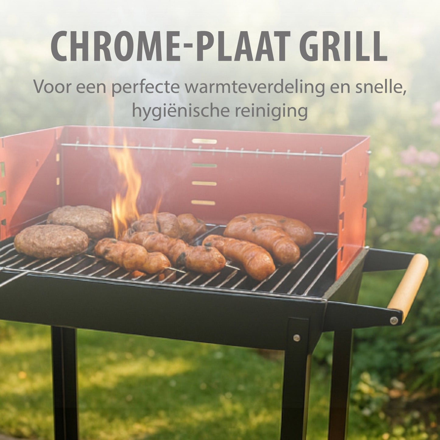 BBQ Collection Charcoal Barbecue on Wheels – Adjustable Grill with Side Tables.