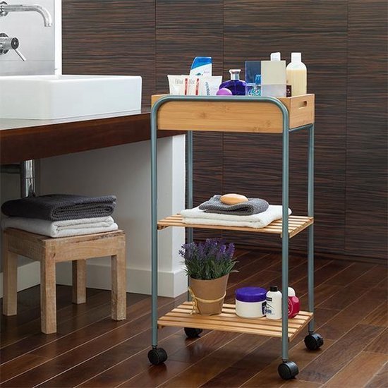 Bathroom Storage Trolley – Bamboo & Metal Organizer with Shelves for Modern Bathroom - Afanaya