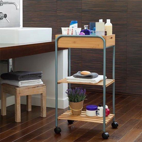 Bathroom Storage Trolley Bamboo And Metal Organizer With Shelves For Modern Bathroom.