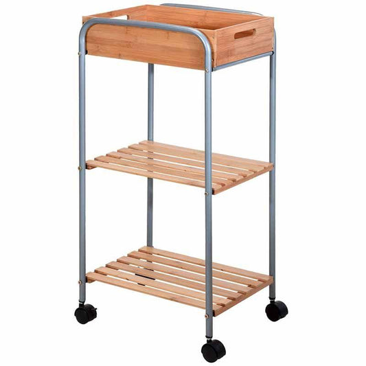 Bathroom Storage Trolley Bamboo And Metal Organizer With Shelves For Modern Bathroom.