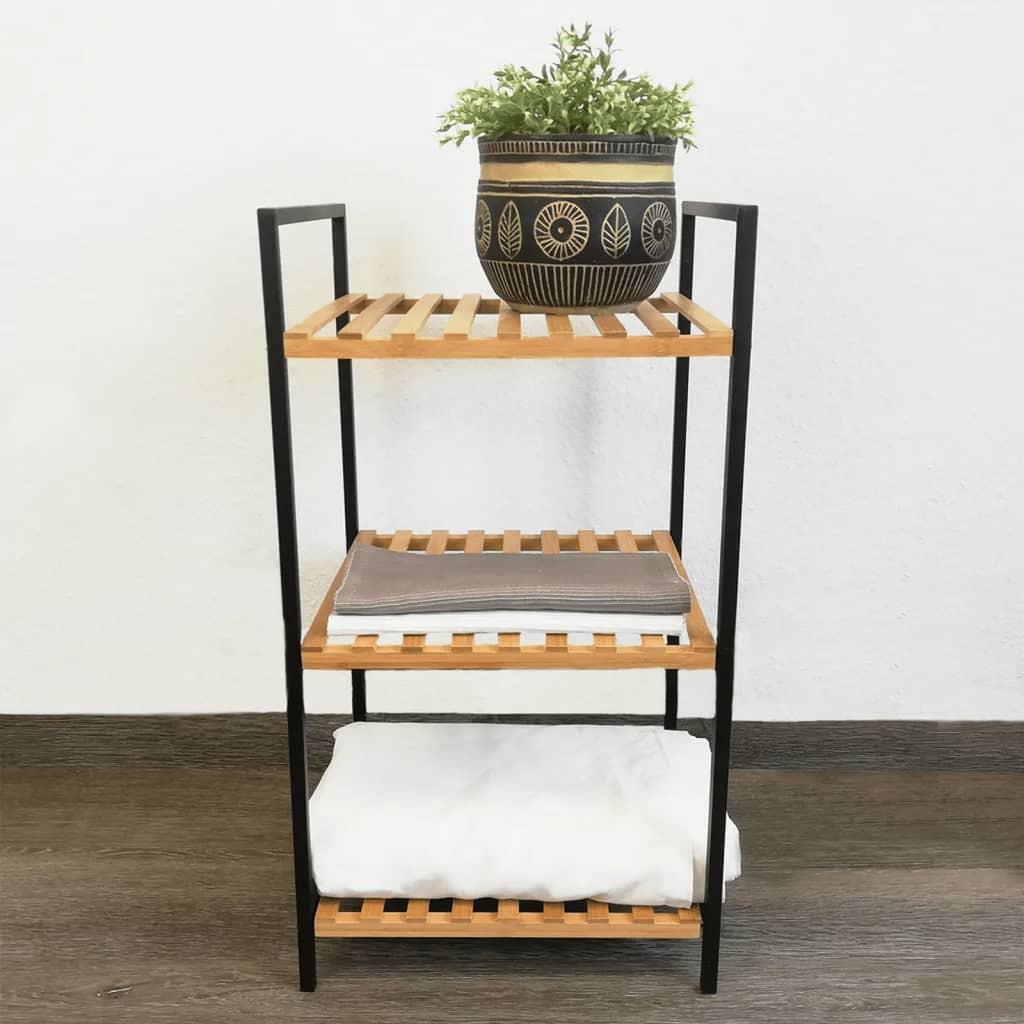Bathroom Towel Rack 3 Tier Storage Shelf With Black Metal Frame And Bamboo Shelves 38 x 32 x 70 cm.