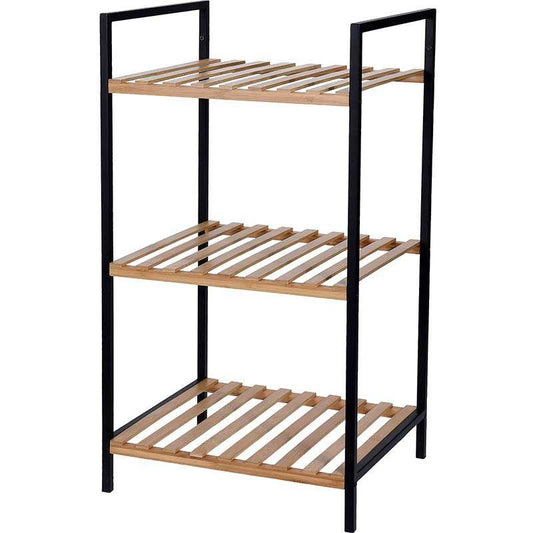Bathroom Towel Rack 3 Tier Storage Shelf With Black Metal Frame And Bamboo Shelves 38 x 32 x 70 cm.