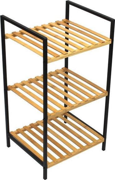 Bathroom Towel Rack 3 Tier Storage Shelf With Black Metal Frame And Bamboo Shelves 38 x 32 x 70 cm.