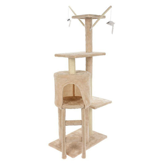 Beige Cat Scratching Tower Cat Tree With Scratching Posts And Activity Playhouse For Cats Durable And Sturdy.