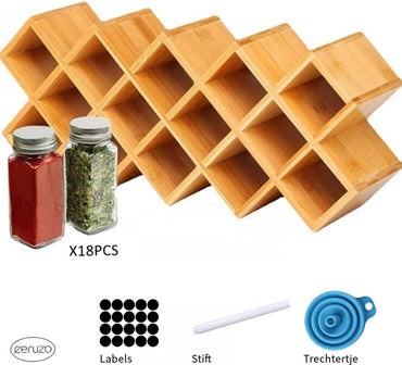 Ceruzo Herb Rack with 18 Glass Spice Jars Kitchen Seasoning Organizer with Labels & Marker Pen - Afanaya