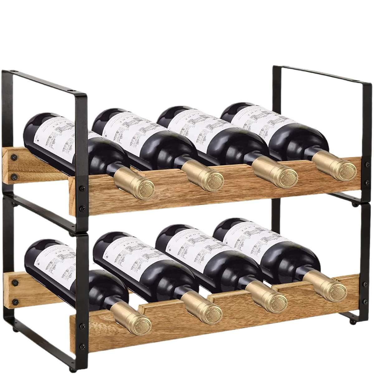 "Ceruzo Stackable Wine Rack Metal & Wood Wine Bottle Holder Modular Wine Storage Organizer - Afanaya