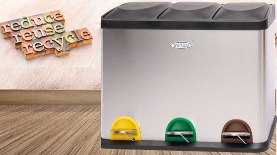 Ceruzo Stainless Steel 45L Recycling Bin with Three Removable 15L Compartments and Pedal Lids.