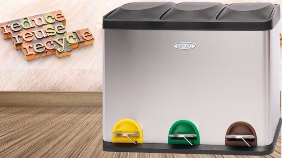 Ceruzo Stainless Steel Recycling Bin 3 Compartment Waste Separation Trash Can 3×15L - Afanaya