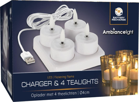 Rechargeable LED Tea Light Set with Charging Base – 4 Flameless Candles.