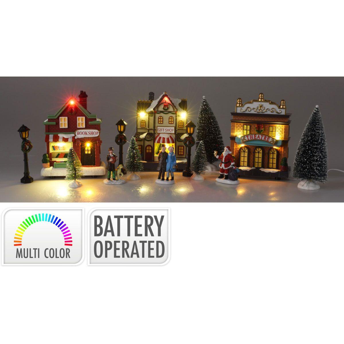 Lighted Christmas Village Street Scene Set with 3 Houses, Figures, Lanterns, and Trees.