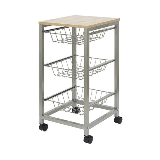 Duett Kitchen Trolley on Wheels – 3 Removable Baskets & Wooden Top.