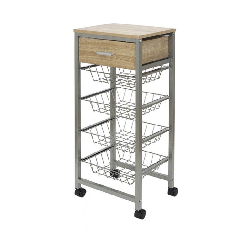 Duett Kitchen Trolley On Wheels Storage Cart With Four Removable Baskets And One Drawer.