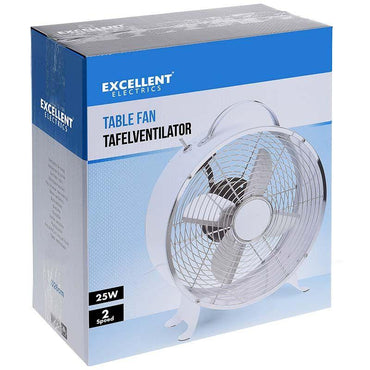 Excellent Electrics Metal Table Fan 26cm White Retro With Carry Handle Two Speeds 25W.