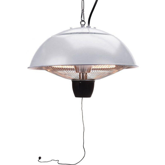 Excellent Electrics Hanging 1500W Silver Terrace Heater With Halogen Lamp And 100cm Chain.