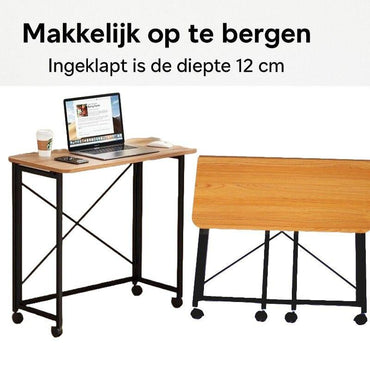 Folding Laptop Desk on Wheels – White Portable Table with Wooden Top for Home Office (80x40x75 cm).
