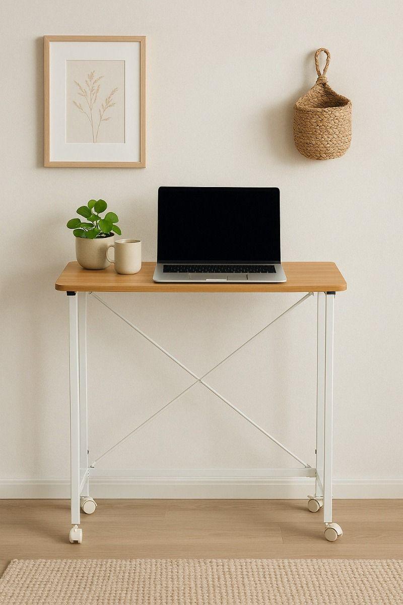 Folding Desk on Wheels – White Laptop Table with Wooden Tray for Home Office and Small Spaces.
