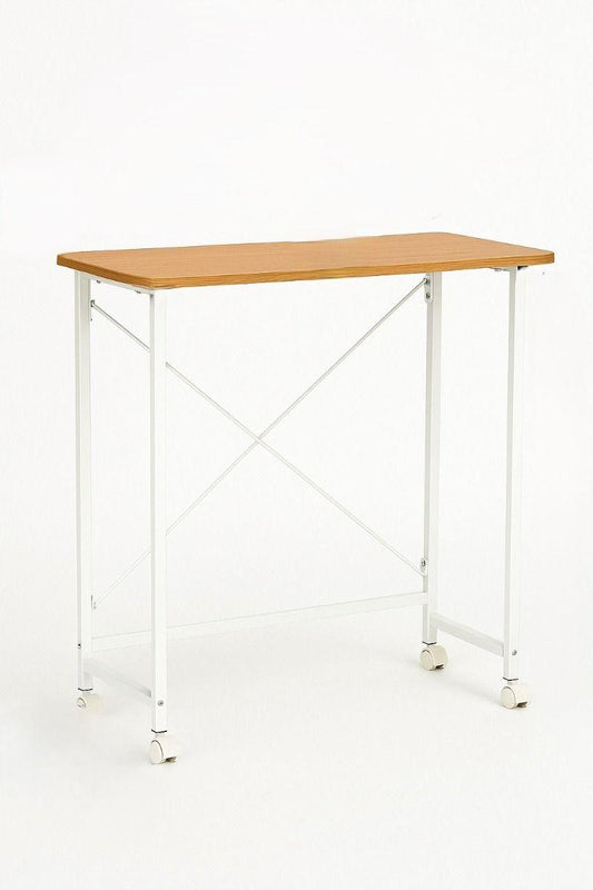 Folding Desk on Wheels – White Laptop Table with Wooden Tray for Home Office and Small Spaces.