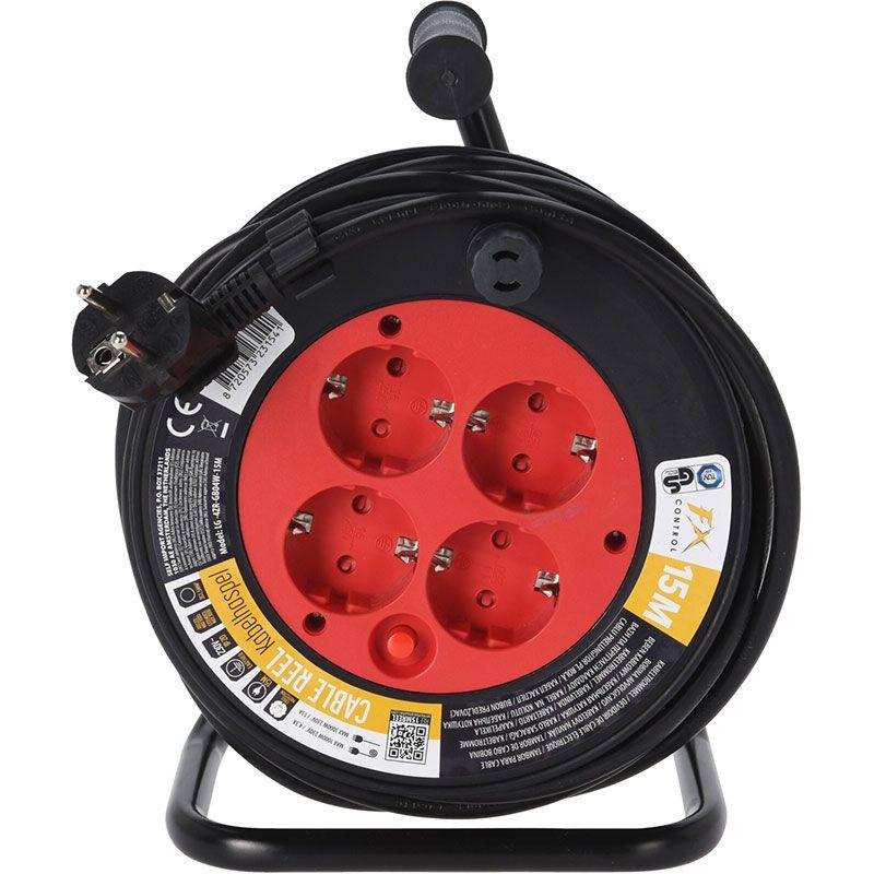 Fxcontrol 15 Meter Cable Reel with 4 Sockets Grounded Thermal Protection IP20 Indoor Use 3x1.5mm2.