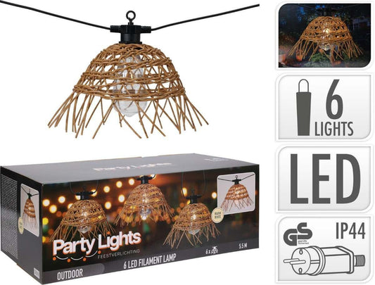 Garden Light String Rattan Lampshades 6 Warm White Outdoor LED Bulbs.