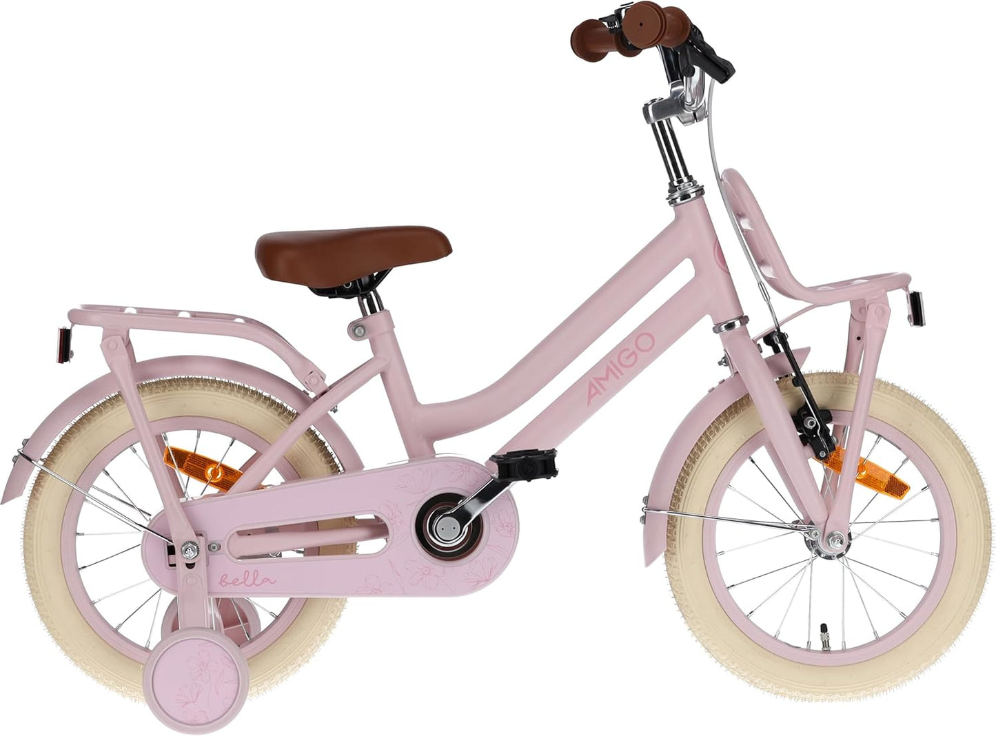 Girls Bike 14 Inch AMIGO Bella With Handbrake Coaster Handlebar Padding and Training Wheels - Pink - Afanaya