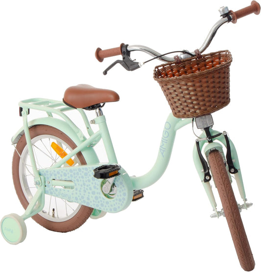 Girls Kids AMIGO Fairy Bike 16 Inch With Training Wheels Reverse Brake and V - Brake - Mint Green - Afanaya