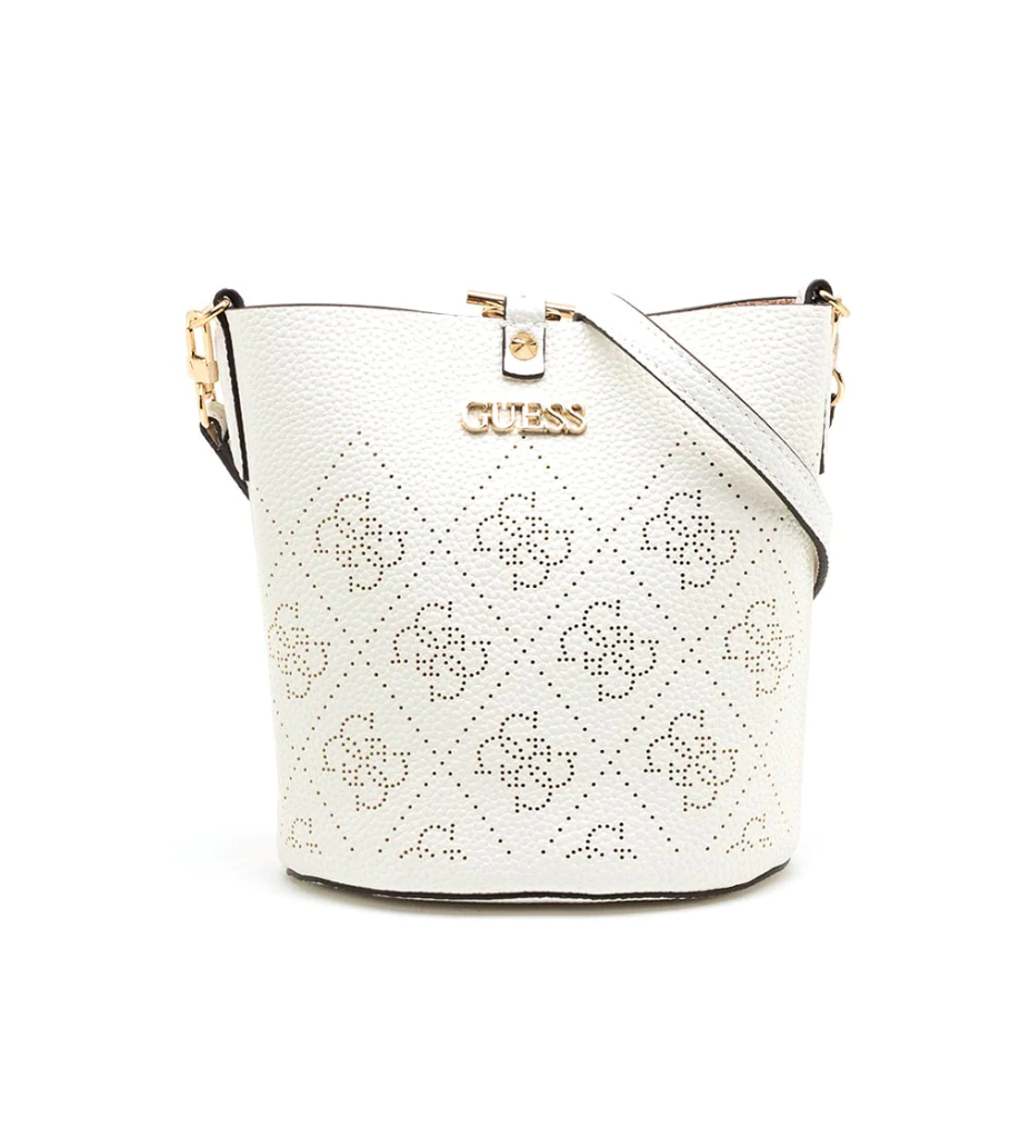 Sac seau Guess Amara 4G Logo — Sac à main de luxe en polyester blanc pour femme (21x21x11 cm)