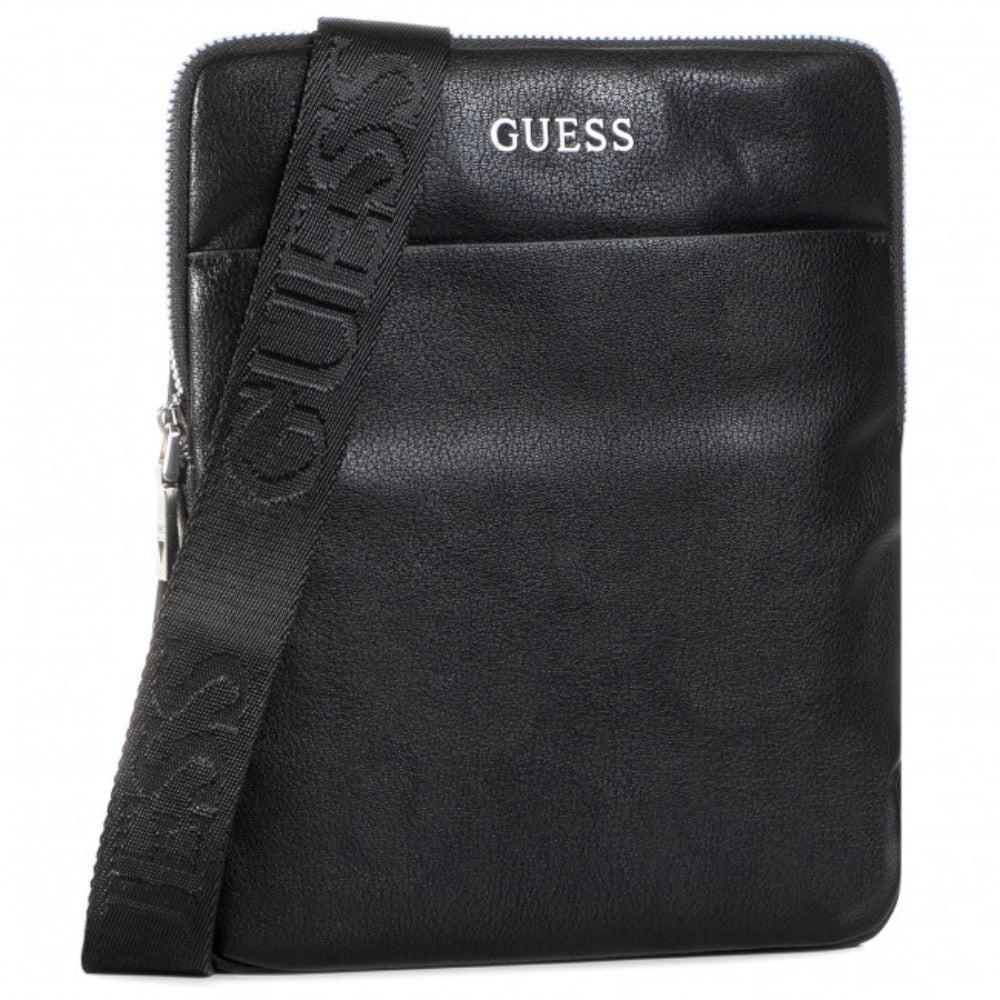 Guess, Scala, Flat Top Zip, Textile Crossbody Bag, Black, For Men.