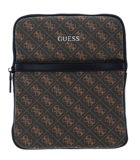 Guess, Vezzola, Flat Top Zip, Textile Crossbody Bag, Brown, For Men.