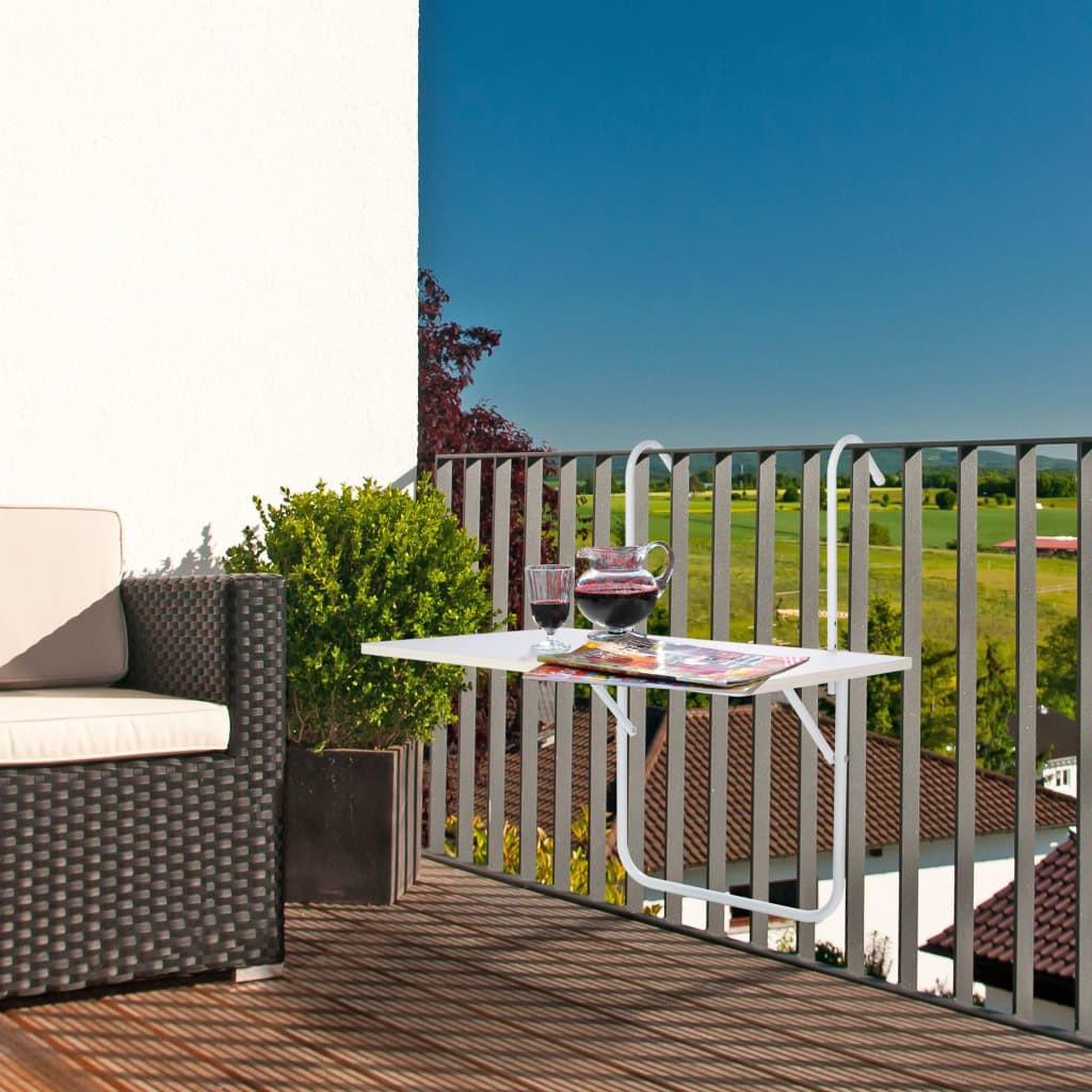 Hanging Balcony Table – Foldable Height Adjustable Wood Look Table in White Finish.