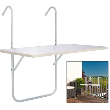 Hanging Balcony Table – Foldable Height Adjustable Wood Look Table in White Finish.