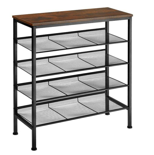 Metal Shoe Rack with 4 Black Grid Shelves and Wooden Top Shelf – Adjustable Legs (76x30x86 cm).