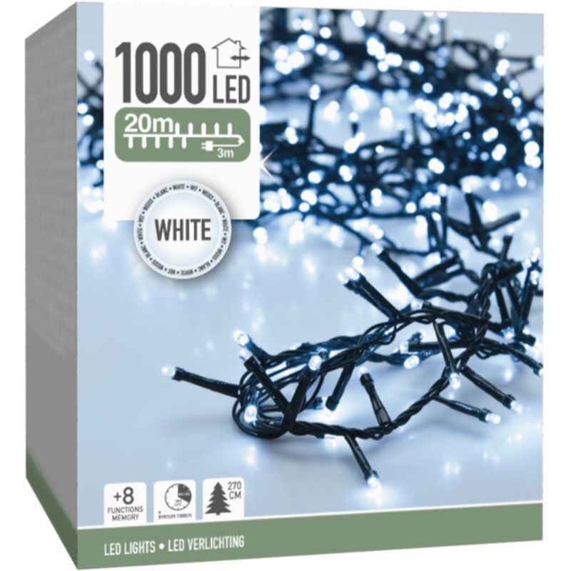 MicroCluster 1000 Led Christmas Lights 20m Outdoor String With Timer 8 Functions Memory Cool White.