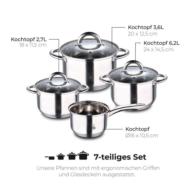 Renberg Alexander Cookware Set 7 Pieces Stainless Steel Induction Compatible 4 Cooking Pots + 3 Glass Lids - Afanaya