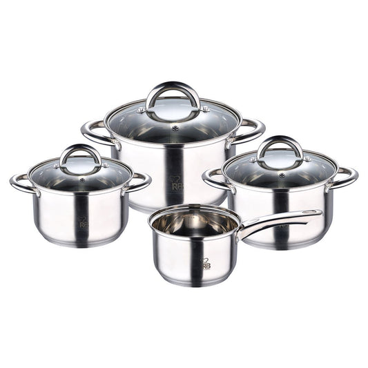 Renberg Alexander Cookware Set 7 Pieces Stainless Steel Induction Compatible 4 Cooking Pots + 3 Glass Lids - Afanaya