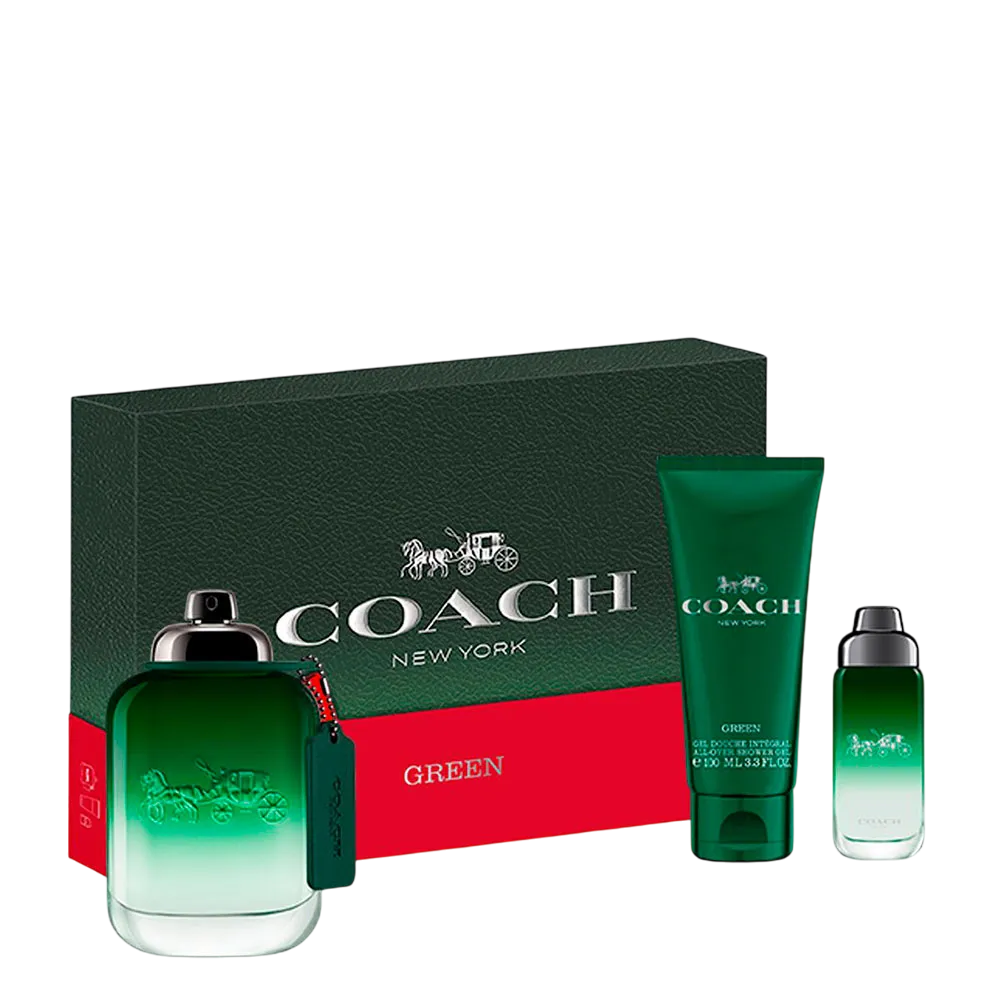 Coffret Cadeau Coach Green – EDT 100ml, Mini 15ml & Gel Douche 100ml pour Homme