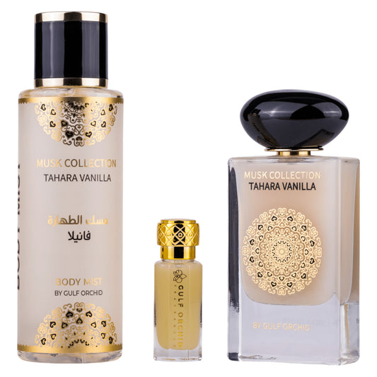 Coffret Gulf Orchid : Tahara Vanilla, Eau De Parfum, Unisexe, 60 ml + Tahara Vanilla, Brume Parfumée, Femme, 250 ml + Tahara Vanilla, Huile Parfumée, Femme, 12 ml *Miniature