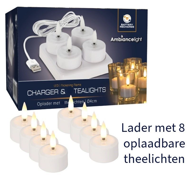 Set of 8 Rechargeable LED Tea Lights with Charger Flameless Candles for Home & Events - Afanaya