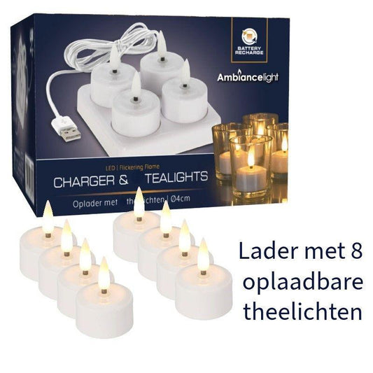 Set of 8 Rechargeable LED Tea Lights with Charger Flameless Candles for Home and Events.