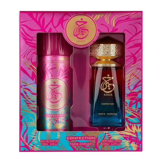 Ensemble Paris Corner : Khair Confection, Eau De Parfum, Unisexe, 100 ml + Khair Confection, Déodorant Spray, Pour Femme, 200 ml