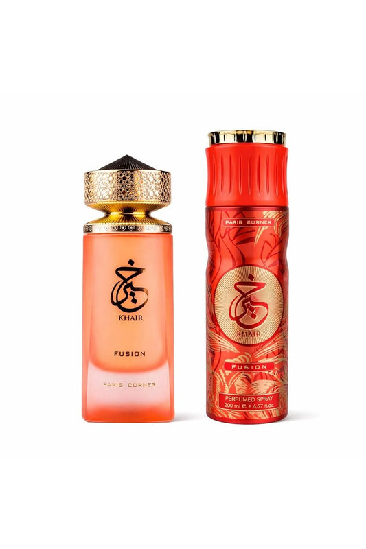 Coffret Paris Corner : Khair Fusion, Eau de Parfum, Mixte, 100 ml + Khair Fusion, Déodorant Spray, Pour Femme, 200 ml