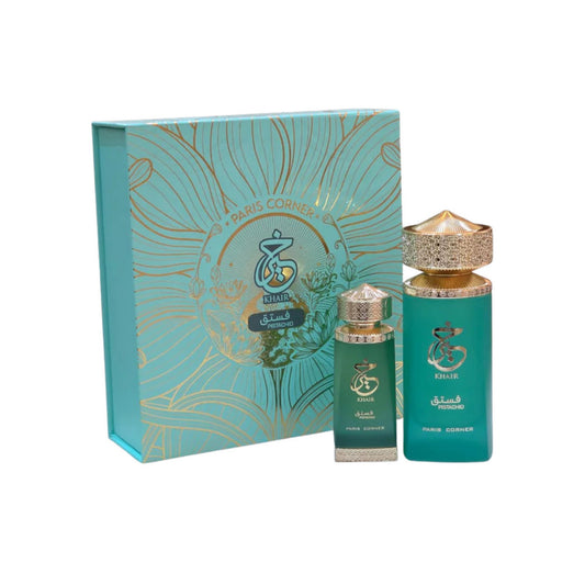 Ensemble Paris Corner : Khair Pistachio, Eau de Parfum, Mixte, 100 ml + Khair Pistachio, Déodorant Spray, Pour Femme, 200 ml