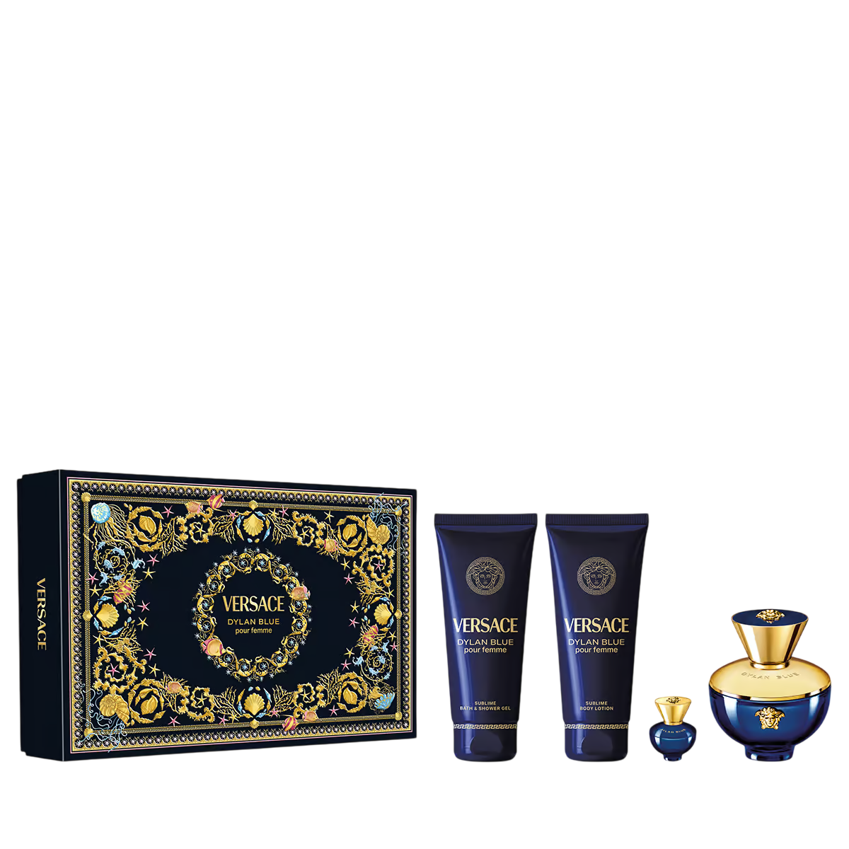 Set Versace: Dylan Blue, Eau De Parfum, Für Damen, 100 ml + Dylan Blue, Feuchtigkeitsspendende Körperlotion, 100 ml + Dylan Blue, Feuchtigkeitsspendendes Duschgel, 100 ml + Dylan Blue, Eau De Toilette, Für Herren, 5 ml