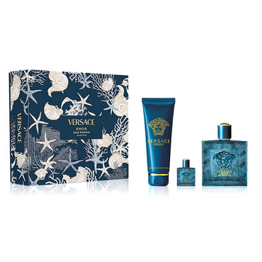 Coffret Versace : Eros, Eau de Parfum, Pour Homme, 100 ml + Eros, Eau de Parfum, Pour Homme, 5 ml *Miniature + Eros, Gel Douche, Tous Types de Peau, 150 ml