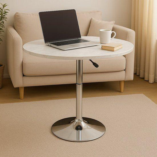 Oval Height Adjustable Swivel Side Table For Living Room With Marble Tray White Finish.