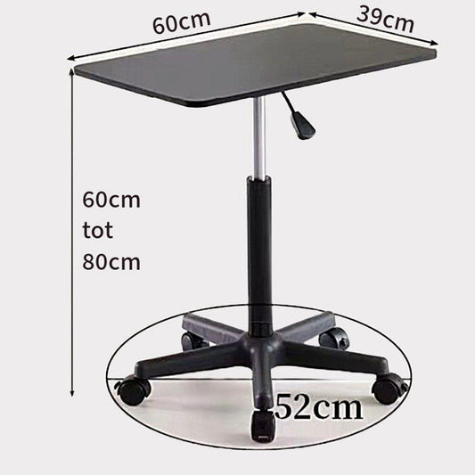 Adjustable Laptop Side Table with Wheels – Pneumatic Height Lift 60–80 cm, Black MDF Top.