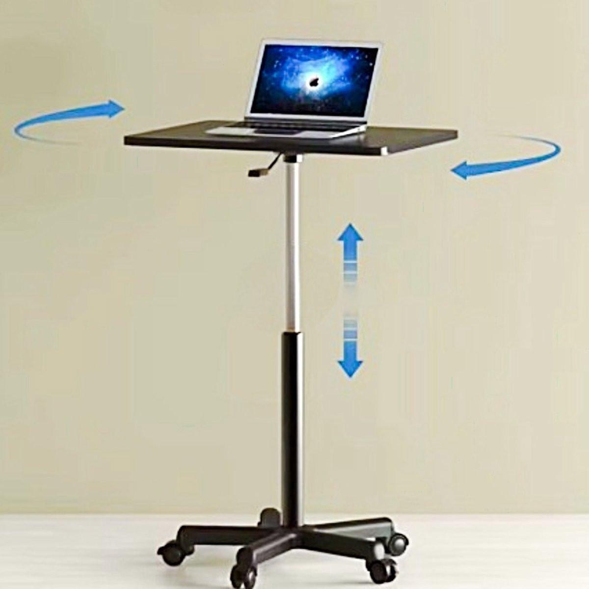 Adjustable Laptop Side Table with Wheels – Pneumatic Height Lift 60–80 cm, Black MDF Top.
