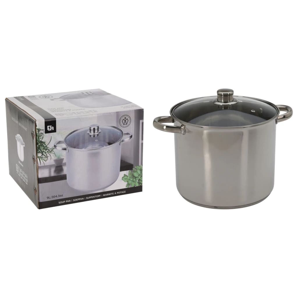 Stainless Steel Cooking Pot with Lid 9.0L Large Capacity Induction Compatible Kitchen Cookware - Afanaya
