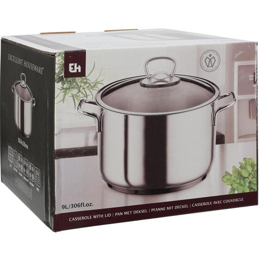 Stainless Steel Cooking Pot With Lid 9L Large Capacity Induction Compatible Kitchen Cookware.
